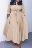 Light Khaki Elegant Solid Patchwork O Neck Waist Skirt Plus Size Dresses(With Belt)