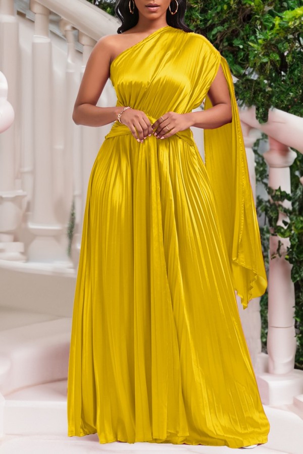 Golden Yellow Casual Solid Fold Oblique Collar Long Dress Dresses
