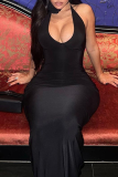 Black Sexy Solid Bandage Patchwork Backless Halter Wrapped Skirt Dresses