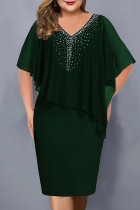 Vestidos de falda de un paso con cuello en V de taladro en caliente de patchwork informal verde tinta