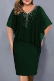 Чернильные зеленые повседневные платья в стиле пэчворк с V-образным вырезом и юбкой в ​​один шаг