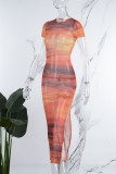 Orange Sexy Print See-through Slit O Neck Short Sleeve Dress
