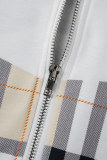 Blanc Casual Plaid Draw String Pocket Zipper Col à glissière Manches longues Deux pièces