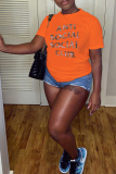 Oranje Casual T-shirts met dagelijkse print en patchwork O-hals