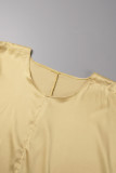 Земно-желтые повседневные однотонные лоскутные платья с круглым вырезом и длинными рукавами Платья