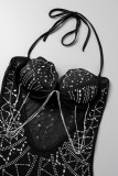 黒のセクシーなパッチワークホット掘削中空シースルーバックレススパゲッティストラップラップスカートドレス