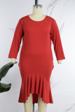 Красные повседневные однотонные базовые платья с круглым вырезом и русалкой больших размеров