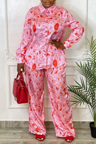 Red Casual Print Patchwork Turndown Collar Long Sleeve Two Pieces