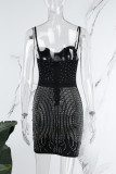 黒のセクシーなパッチワークホット掘削スパゲッティストラップノースリーブドレスドレス