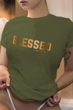 Army Green Casual Street Gradual Change Print Patchwork Letter O Neck T-Shirts