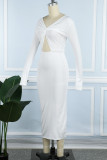 Кремово-белые сексуальные повседневные однотонные платья с длинным рукавом с V-образным вырезом