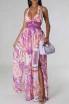 Фиолетовый сексуальный повседневный принт бинты лоскутное платье с открытой спиной и разрезом Холтер длинное платье платья