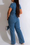 Blauer, lässiger, einfarbiger Denim-Jumpsuit mit Patchwork-Tasche und Umlegekragen, kurzen Ärmeln und mittlerer Taille