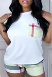 White Casual Print Patchwork Pocket Contrast O Neck Short Sleeve Two Pieces