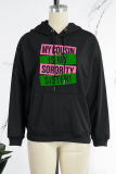 Svart Casual Vintage Print Draw String Letter Hooded Collar Tops