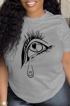 Светло-серые повседневные винтажные футболки с круглым вырезом в стиле пэчворк с принтом глаз