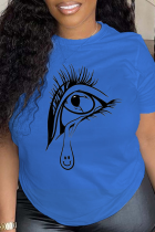 T-shirt con scollo a O patchwork stampate con occhi vintage Royal Blue Daily