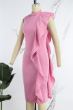 Rosa Casual Solid Patchwork Turtleneck ärmlösa klänningar