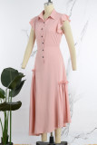Розовые повседневные однотонные лоскутные платья с отложным воротником и нерегулярными платьями