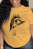 Yellow Daily Vintage Eyes Printed Patchwork O Neck T-Shirts