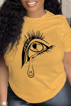T-shirts à col rond patchwork imprimés jaunes Daily Vintage Eyes