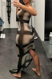 Schwarzes, sexy bedrucktes, langes Kleid mit Schlitz und V-Ausschnitt