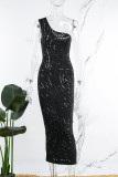 Black Sexy Casual Solid Hollowed Out See-through Oblique Collar Sleeveless Dress Dresses