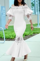 Белое повседневное однотонное длинное платье в стиле пэчворк с открытыми плечами Платья