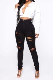 Black Casual Solid Ripped High Waist Distressed Skinny Denim Jeans