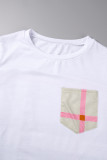 Blanco casual estampado patchwork bolsillo contraste o cuello manga corta dos piezas