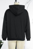 Black Casual Vintage Print Draw String Letter Hooded Collar Tops