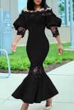 Black Casual Solid Patchwork Off the Shoulder Long Dress Dresses