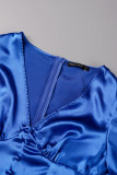 Blå Casual Solid Patchwork V-hals långärmade klänningar