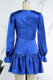 Синие повседневные однотонные платья с длинным рукавом в стиле пэчворк с V-образным вырезом