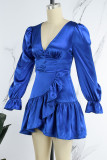 Синие повседневные однотонные платья с длинным рукавом в стиле пэчворк с V-образным вырезом