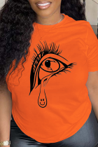 Оранжевые повседневные винтажные лоскутные футболки с круглым вырезом и принтом глаз