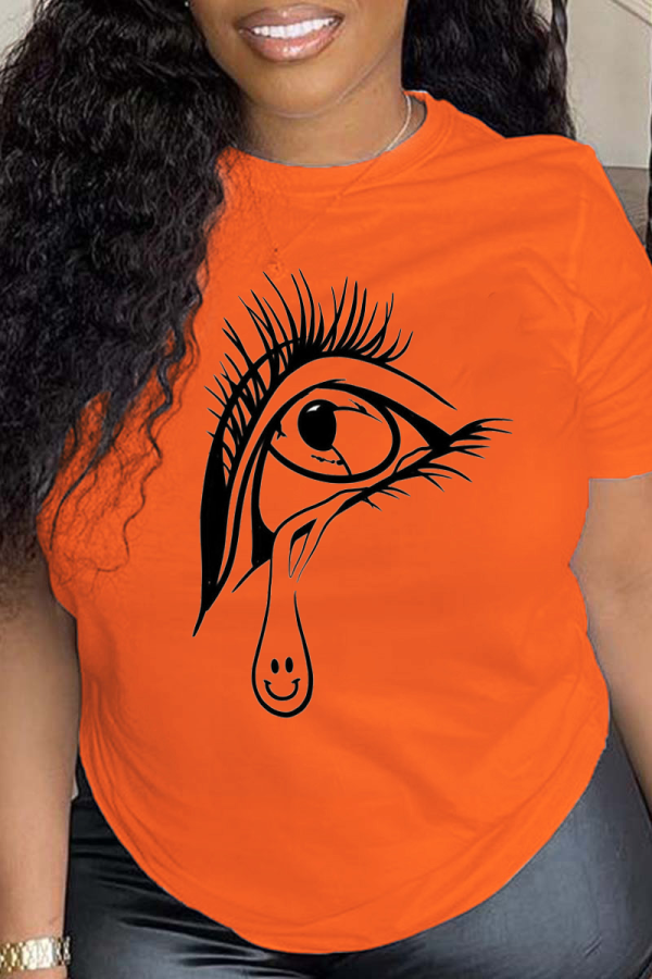 Orange Daily Vintage Eyes Printed Patchwork O Neck T-Shirts