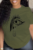 T-shirt con scollo a O patchwork stampate con occhi vintage verde militare