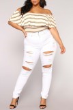 White Casual Solid Ripped High Waist Distressed Skinny Denim Jeans