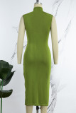 Army Green Elegant Solid High Opening Fold Turtleneck Wrapped Skirt Dresses