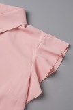 Rosafarbene, lässige, einfarbige, unregelmäßige Kleider mit Patchwork-Umlegekragen