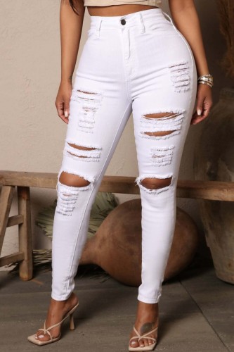 Weiße, lässige, feste, zerrissene, hoch taillierte, dünne Denim-Jeans