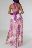 Фиолетовый сексуальный повседневный принт бинты лоскутное платье с открытой спиной и разрезом Холтер длинное платье платья