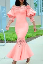 ピンク カジュアル ソリッド パッチワーク オフショルダー ロング ドレス ドレス