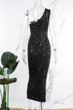 黒のセクシーなカジュアル固体中空シースルー斜め襟ノースリーブドレスドレス