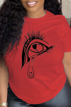 Rode dagelijkse vintage ogen bedrukte patchwork T-shirts met ronde hals