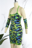 Orange Sexy Print Backless U Neck Sling Dress (With Sleeves)