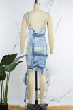 Robes de jupe en une étape à bretelles spaghetti à volants imprimés sexy bleu clair