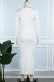 クリームホワイトのセクシーなカジュアルソリッドくり抜きVネック長袖ドレス