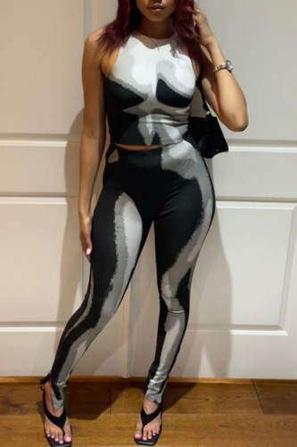 Grey Casual Print Basic O Neck Sleeveless Two Pieces